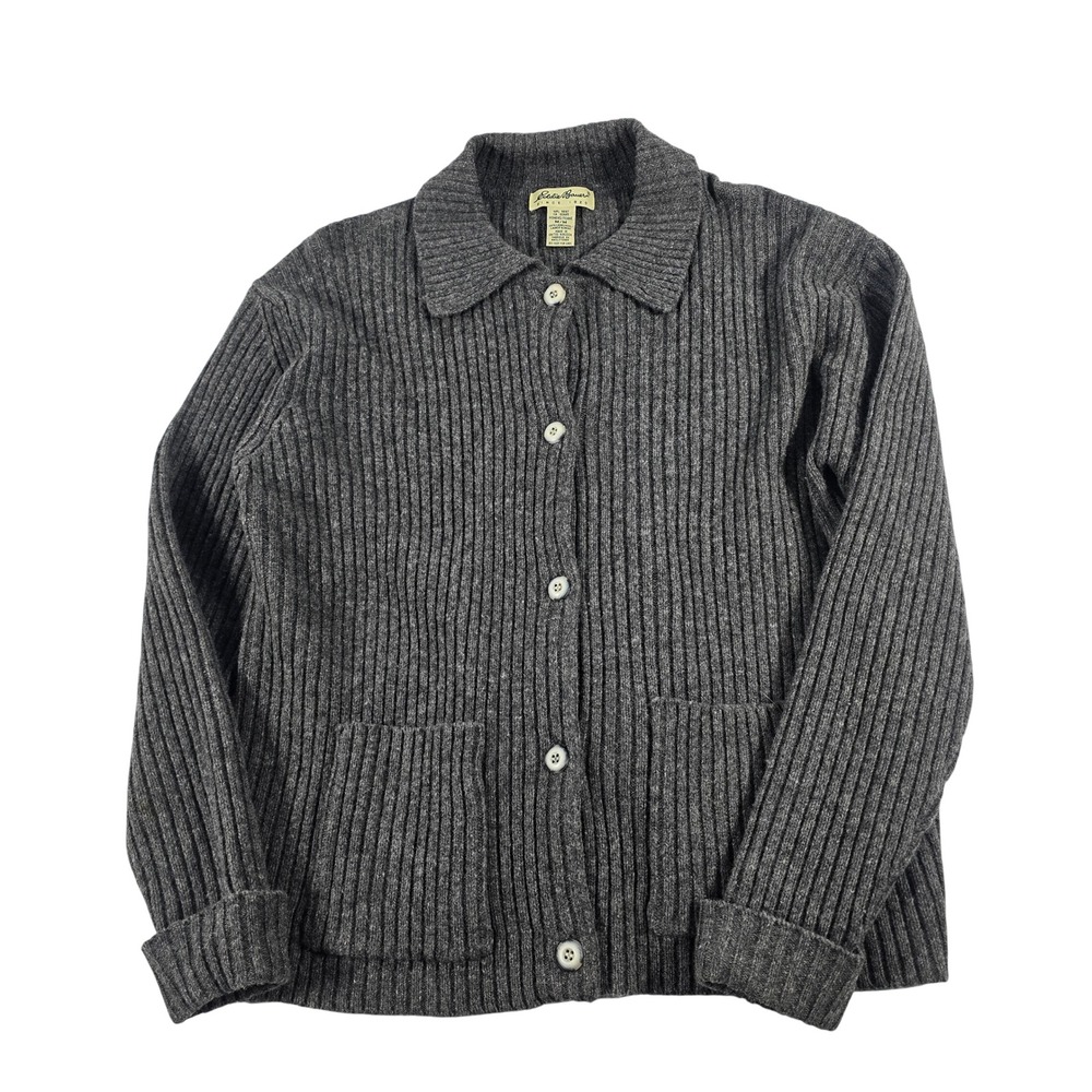 Eddie Bauer Lambswool Cardigan Sweater Gray Ribbed Knit Button Front Womens M